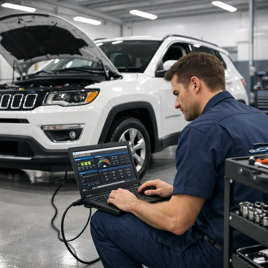 Technician running wiTECH dealer diagnostics on a Jeep Compass MP at our Penrose workshop.