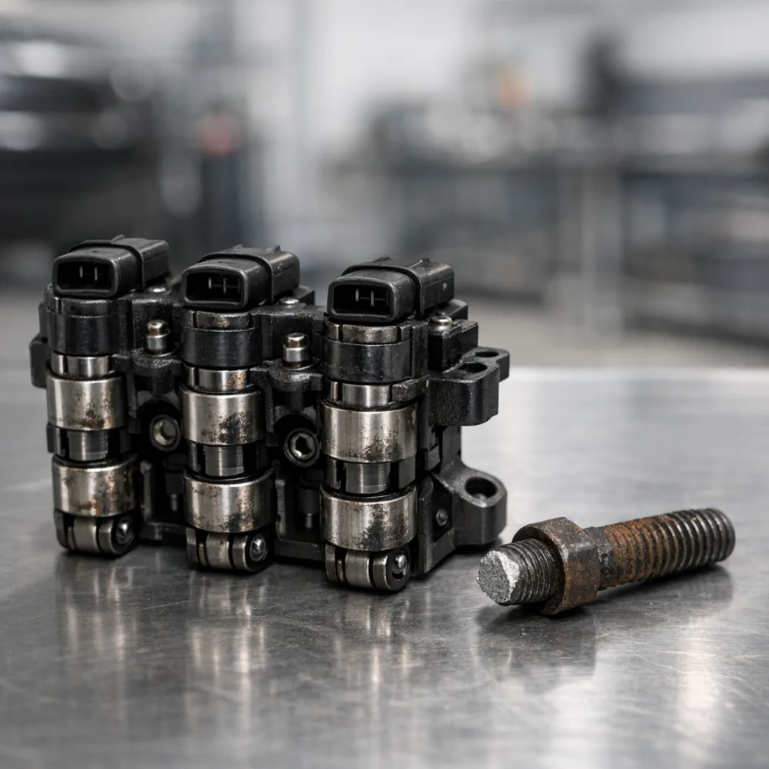 WK2 5.7 HEMI: worn MDS lifter alongside a sheared exhaust manifold bolt, two of the most common repairs