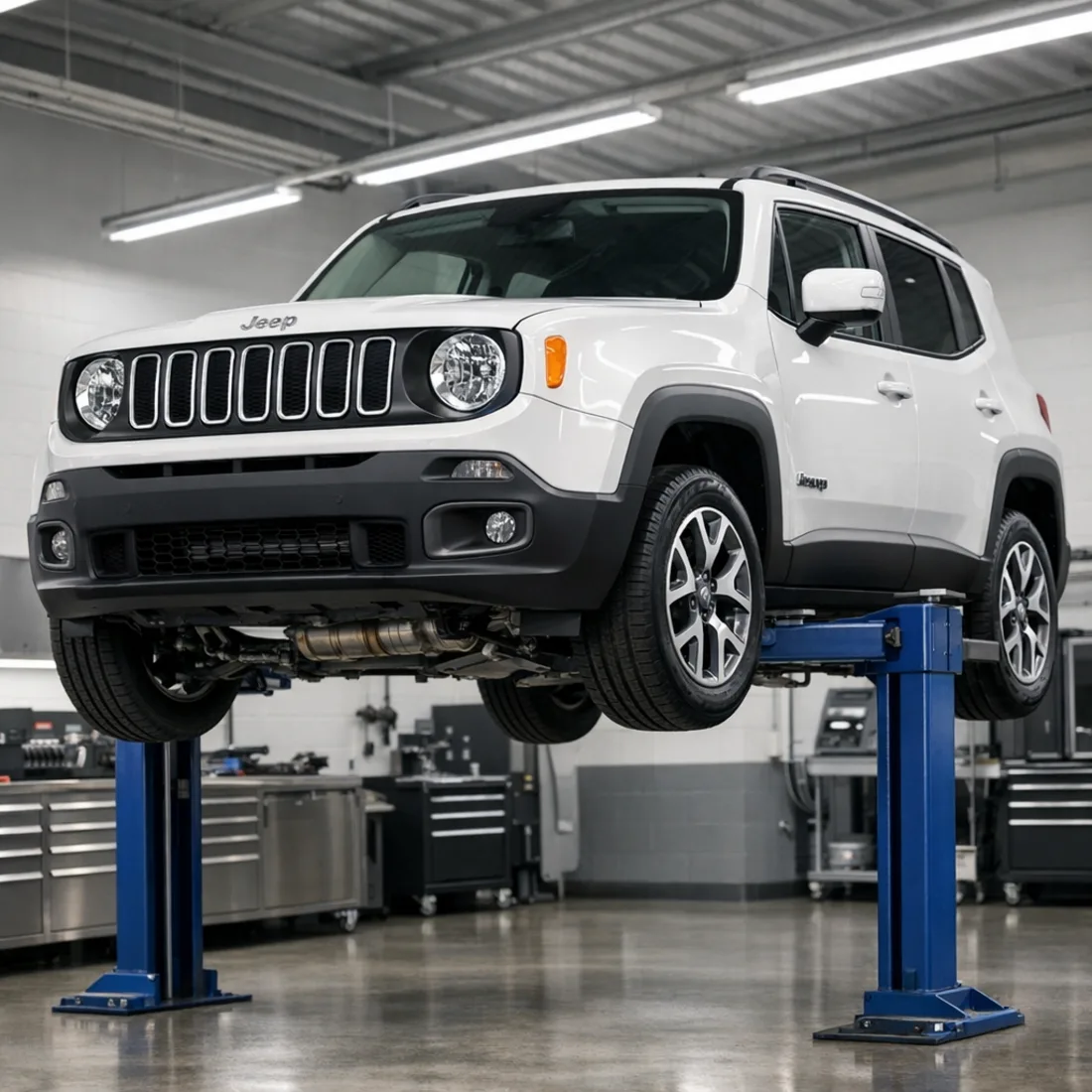 Jeep Renegade 2.0 JTDm on the hoist in our Auckland workshop, ready for a full service inspection.