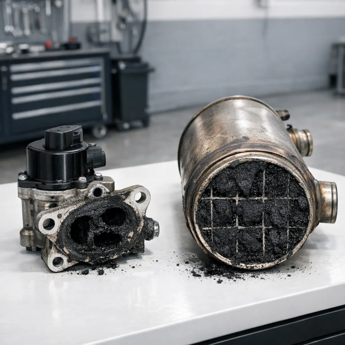 DPF and EGR carbon faults from the Jeep Renegade 2.0 JTDm: heavy soot deposits and carbon build up clearly visible on the workshop bench.