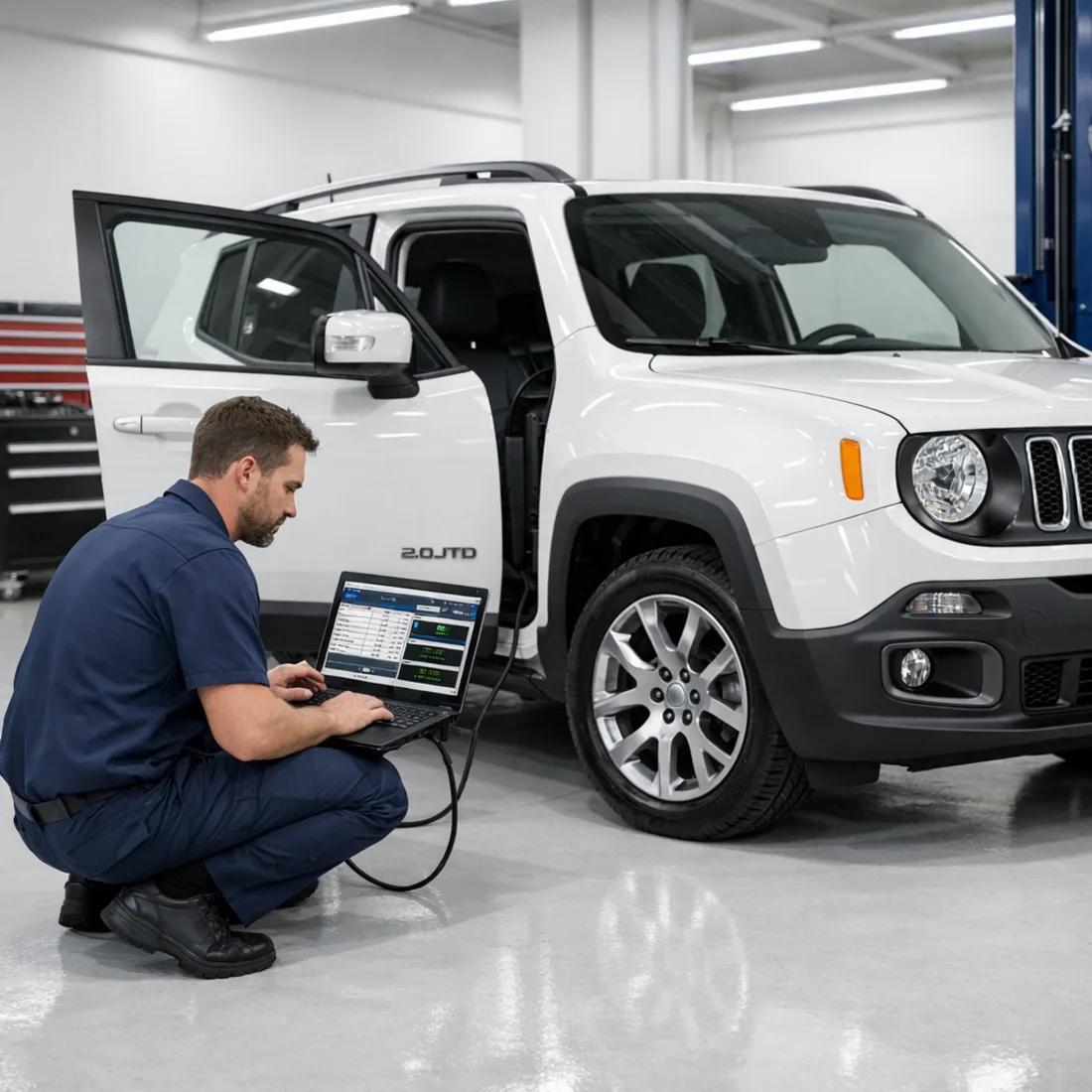A technician using wiTECH FCA factory diagnostics connected to a Jeep Renegade 2.0 JTDm, reading live injector corrections and boost pressure data.