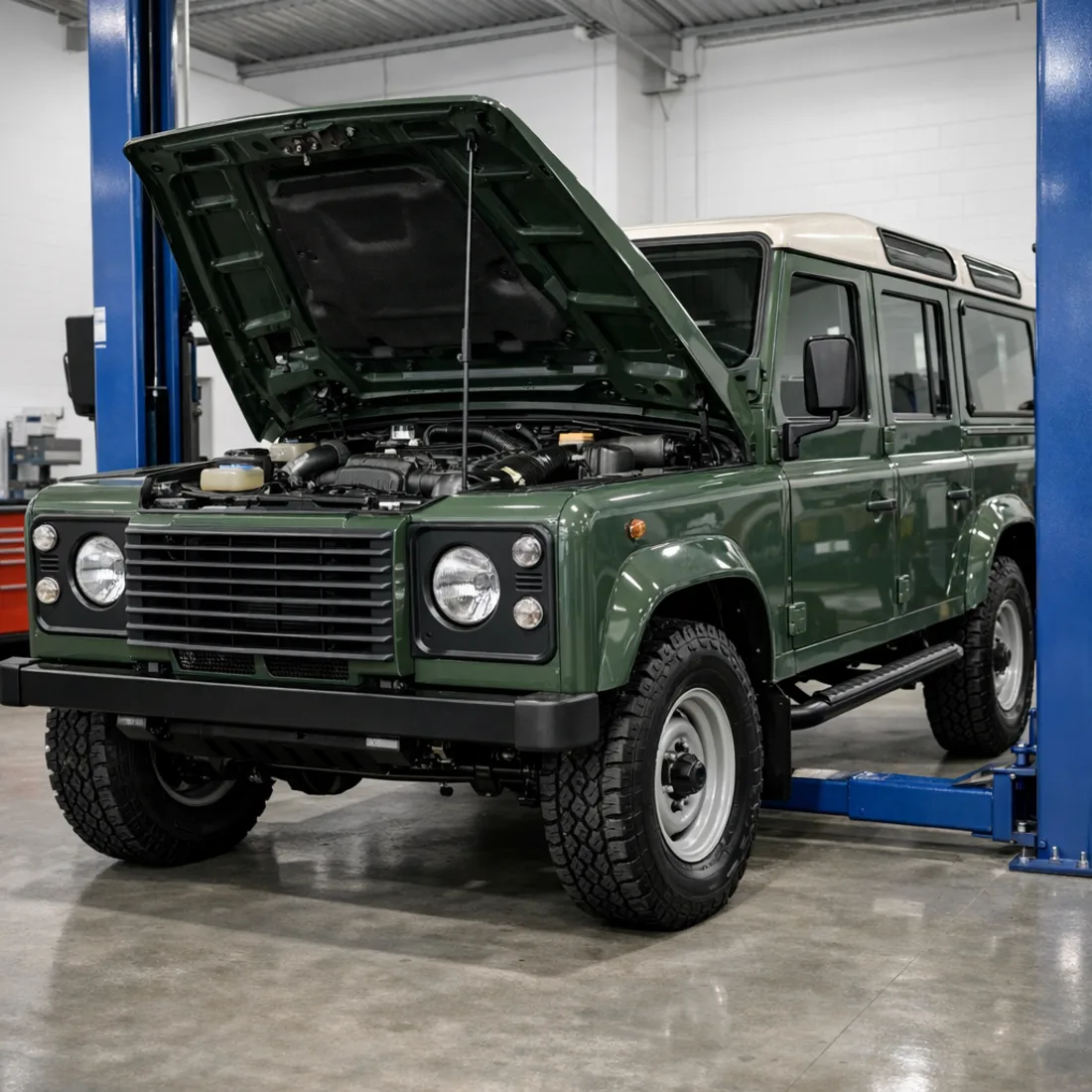 Defender TD4 on the hoist in our Penrose workshop
