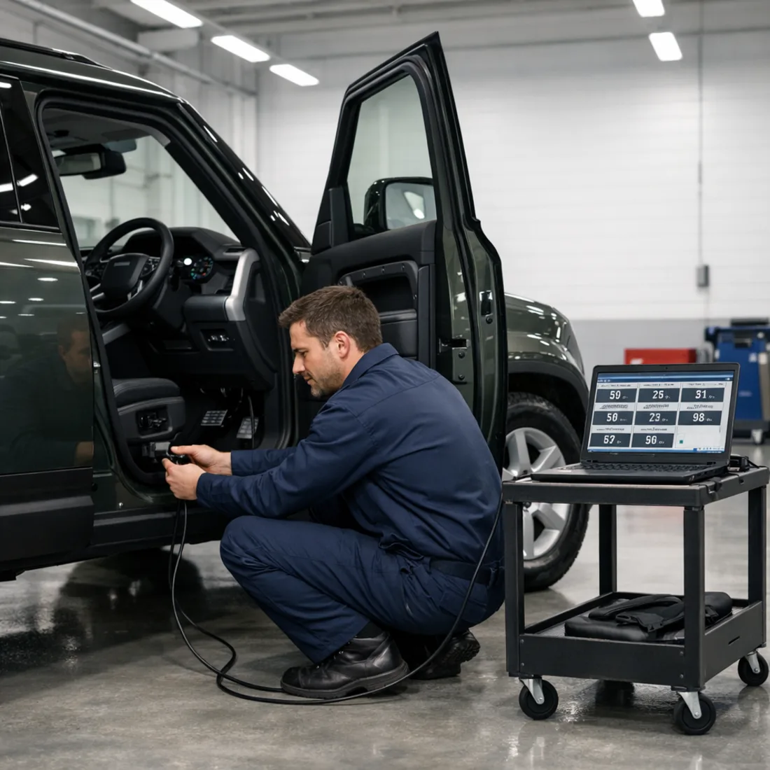 Defender D200 2.0, JLR SDD diagnostics running in the workshop