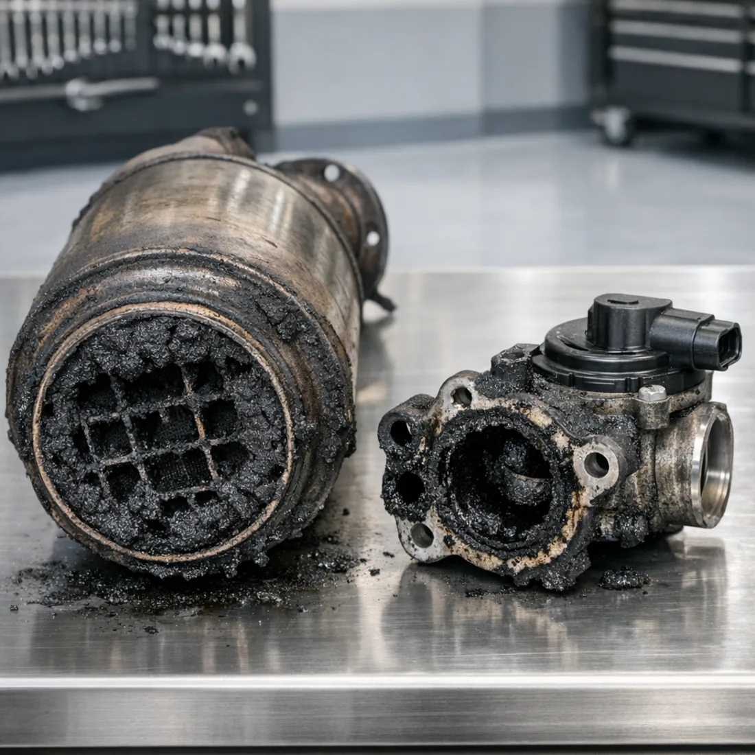 Freelander 2 TD4 DPF and EGR on the bench, showing heavy soot deposits and carbon build-up.