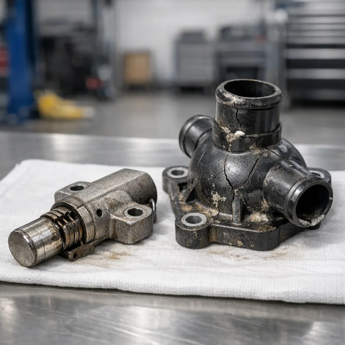 Classic high mileage failures on the L322 4.4i V8: timing chain tensioner wear and cracked thermostat housing
