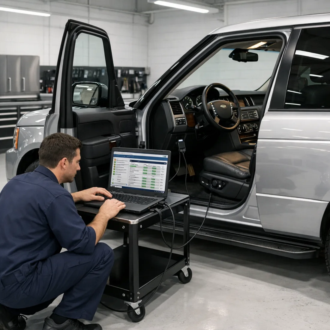 Factory Land Rover SDD diagnostics on an L322 V8 at our Penrose workshop