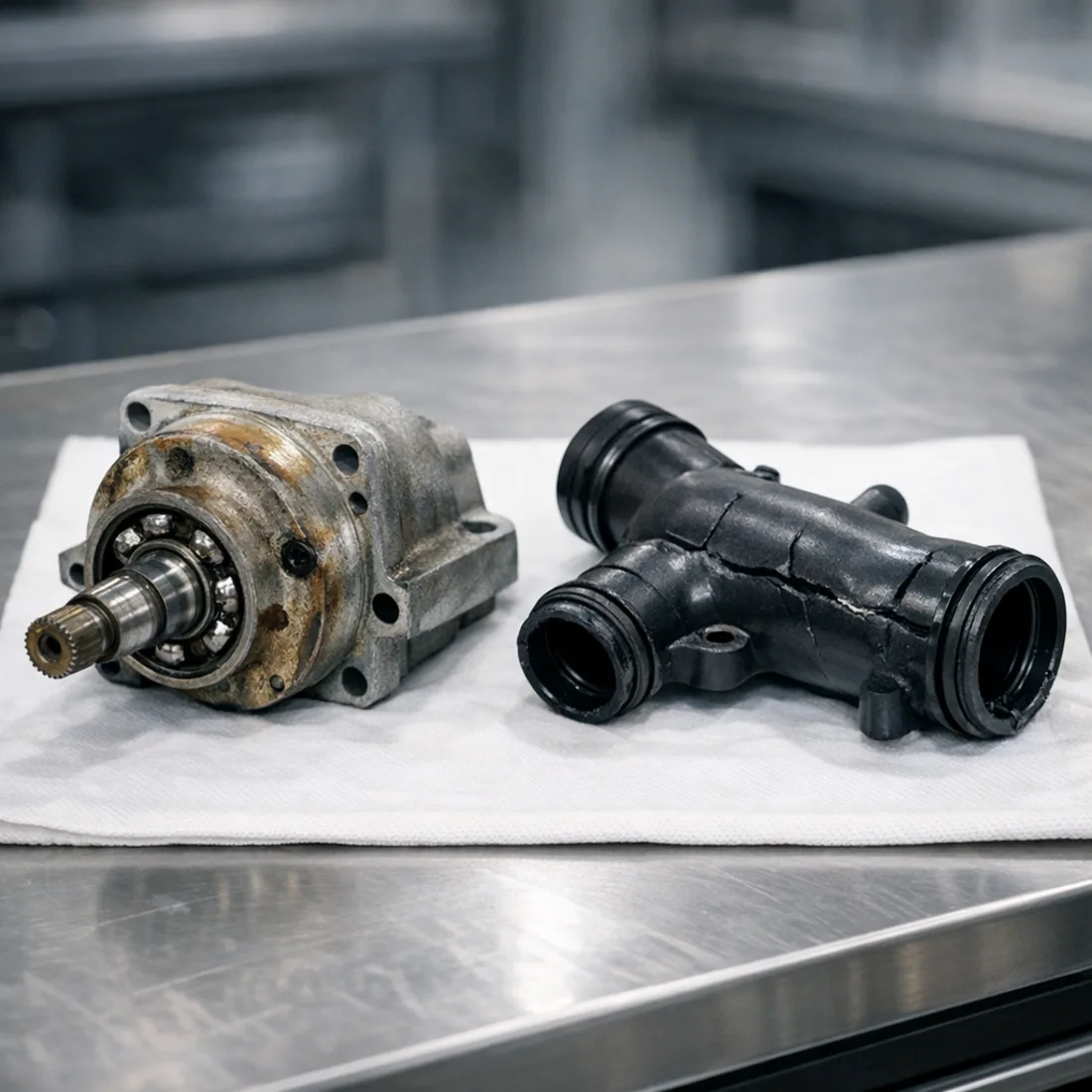 Supercharger nose cone bearing and cracked coolant crossover pipe, classic AJ126 failure items