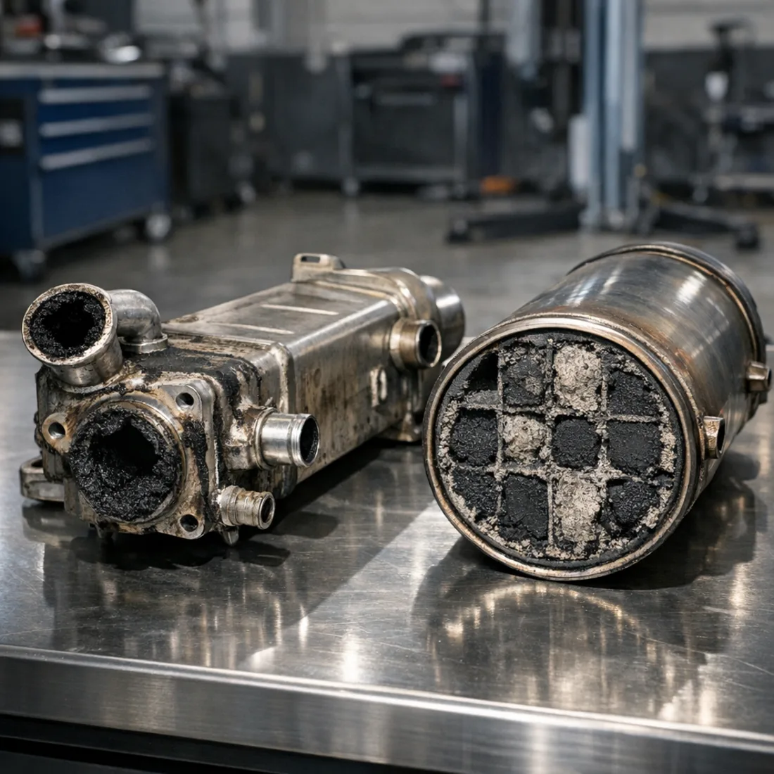 SDV6 EGR cooler and DPF components, common service items on the 249hp variant
