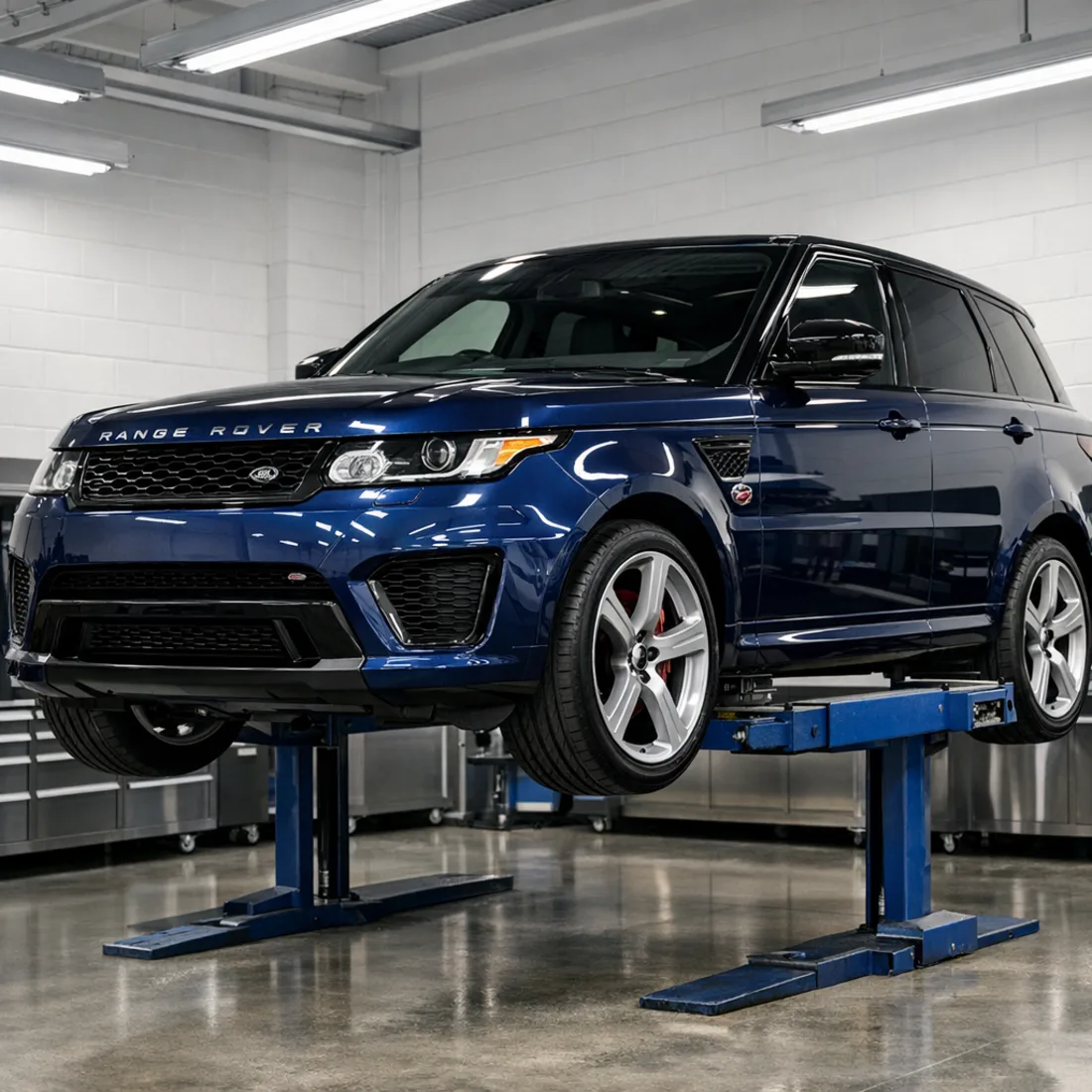 SVR 5.0 V8 on the hoist: brake, suspension and drivetrain inspections are regular work on this chassis