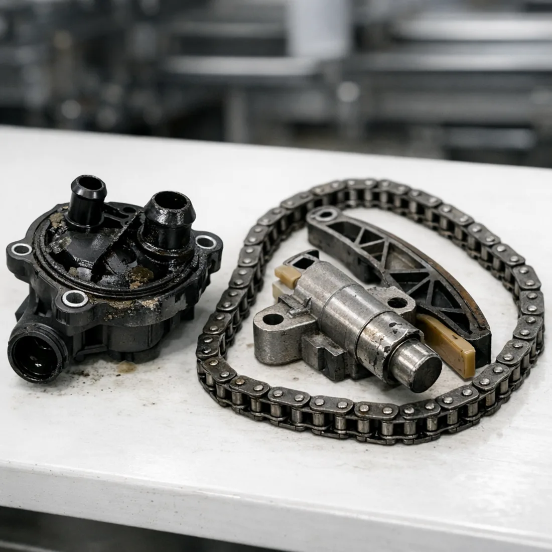 Velar P250: worn PCV valve and timing chain components off the bench