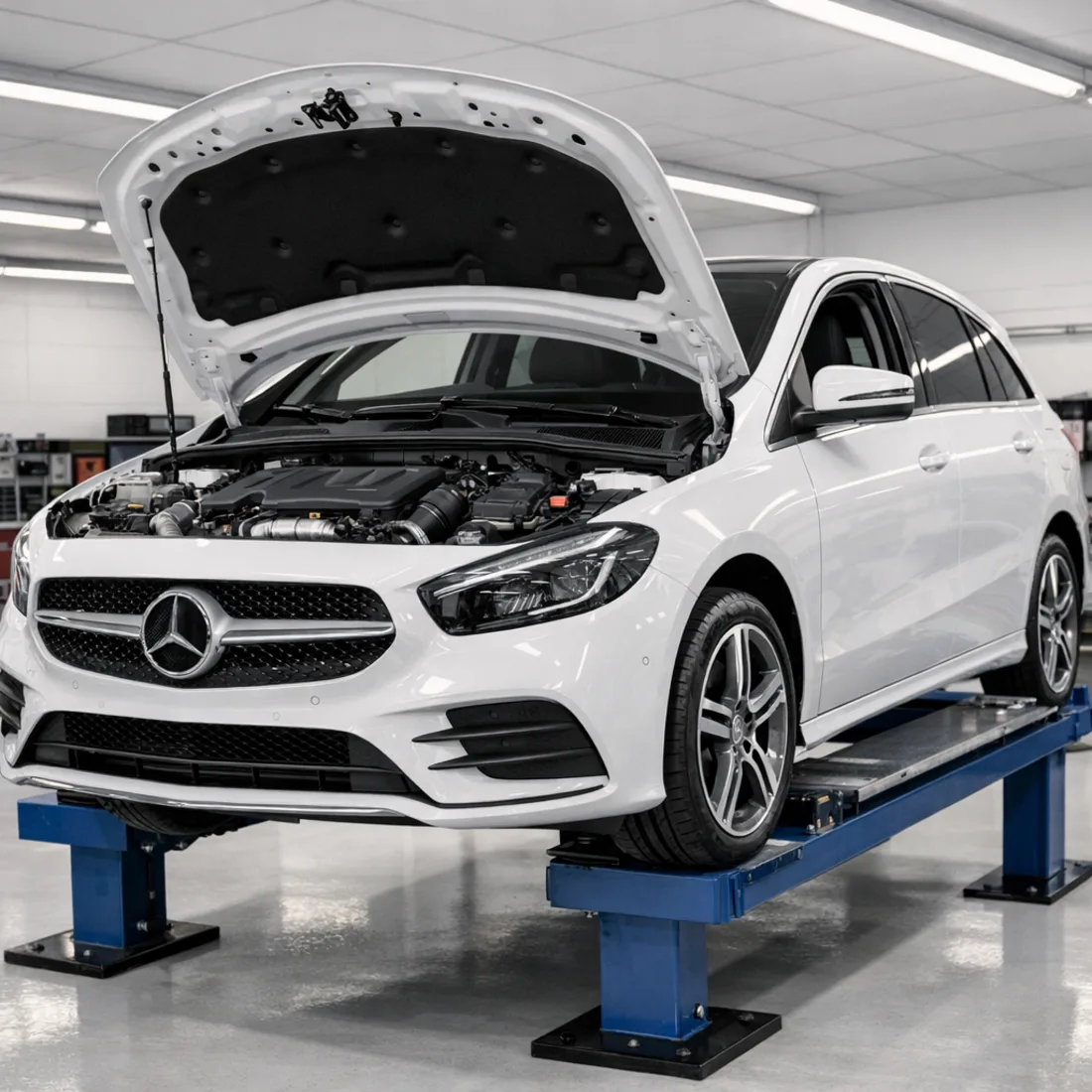Mercedes-Benz B 220d W247 on the hoist in our Penrose workshop, OM654 diesel ready for inspection.