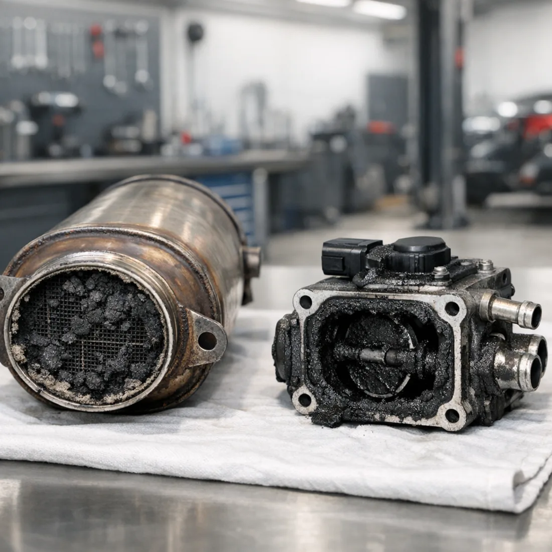 OM654 DPF and EGR valve showing carbon build-up, typical of cars used heavily in short-trip city conditions.