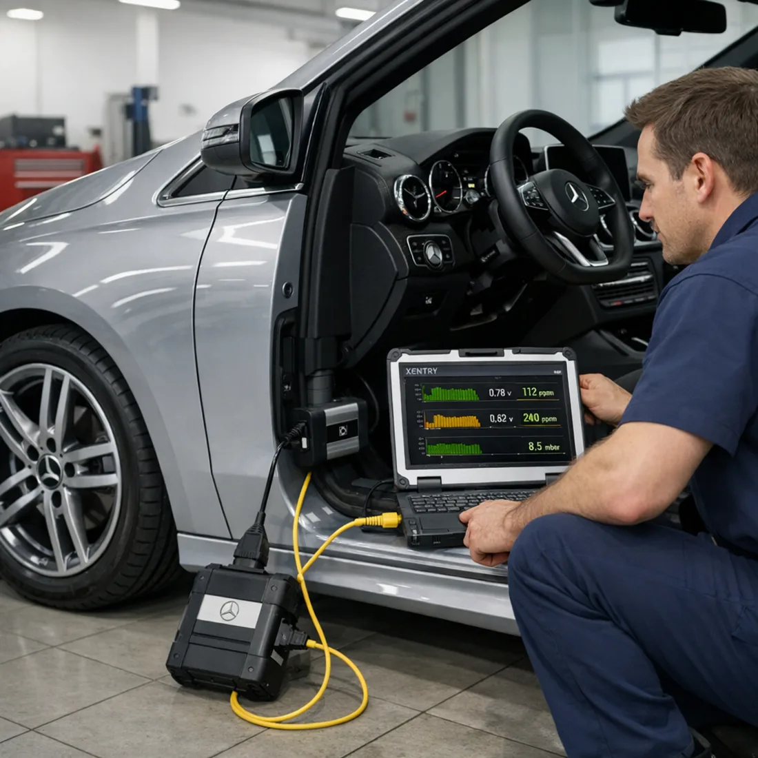 Technician running Mercedes XENTRY diagnostics on a B 220d W247, live NOx sensor and DPF pressure data on screen.