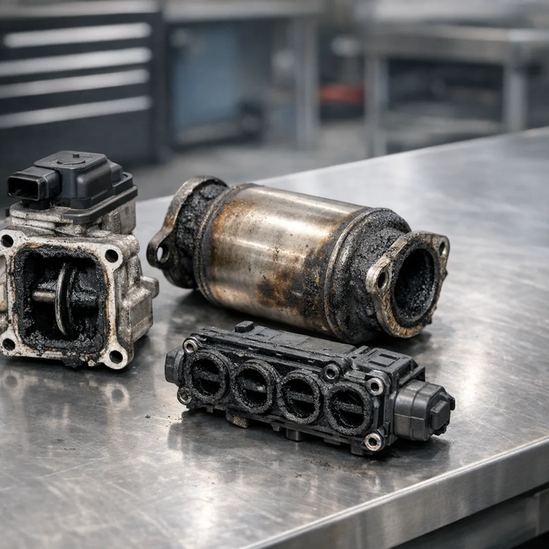 EGR, DPF and swirl flap components from the C 200 CDI, common service items on the OM651