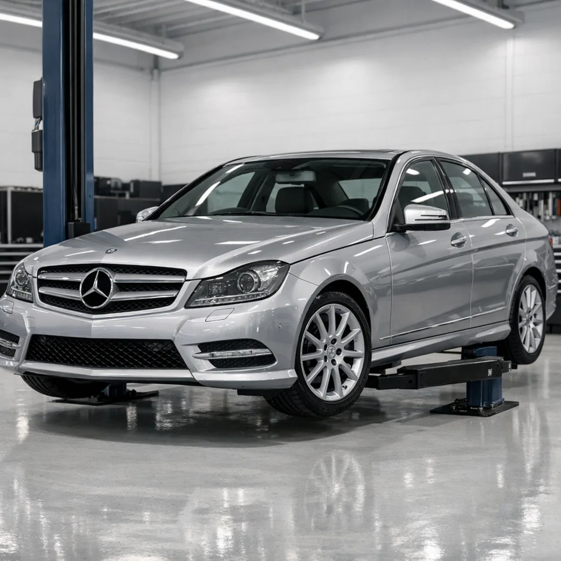 C 250 CGI W204 on the hoist for chain and turbo inspection