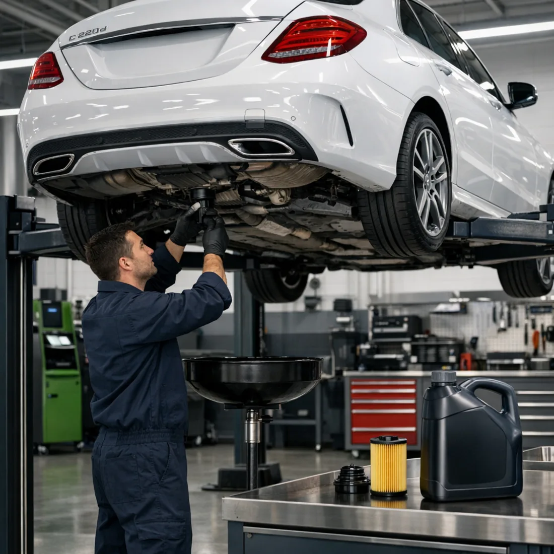 W205 C 220d on the hoist for a routine service, the process that keeps the OM654 in good shape long term