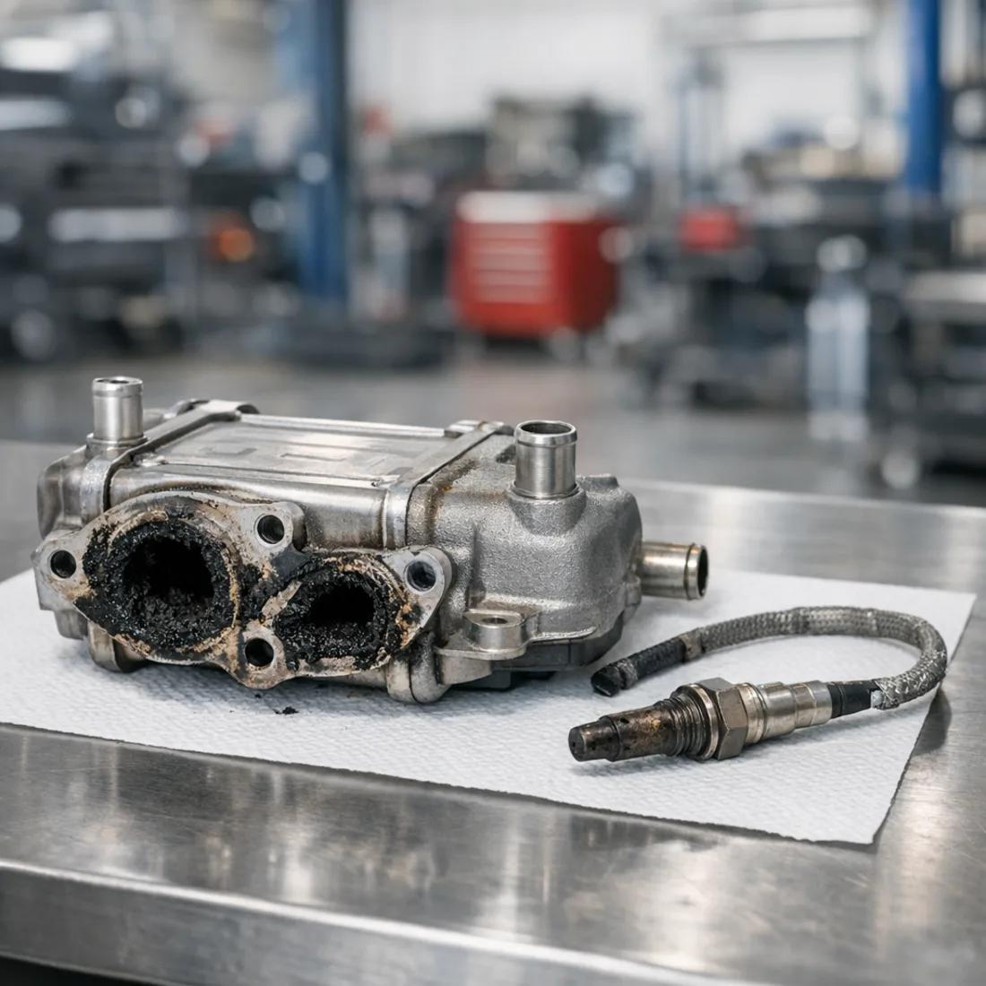 EGR cooler and NOx sensor components from the C 300d, the OM654's most common service concerns