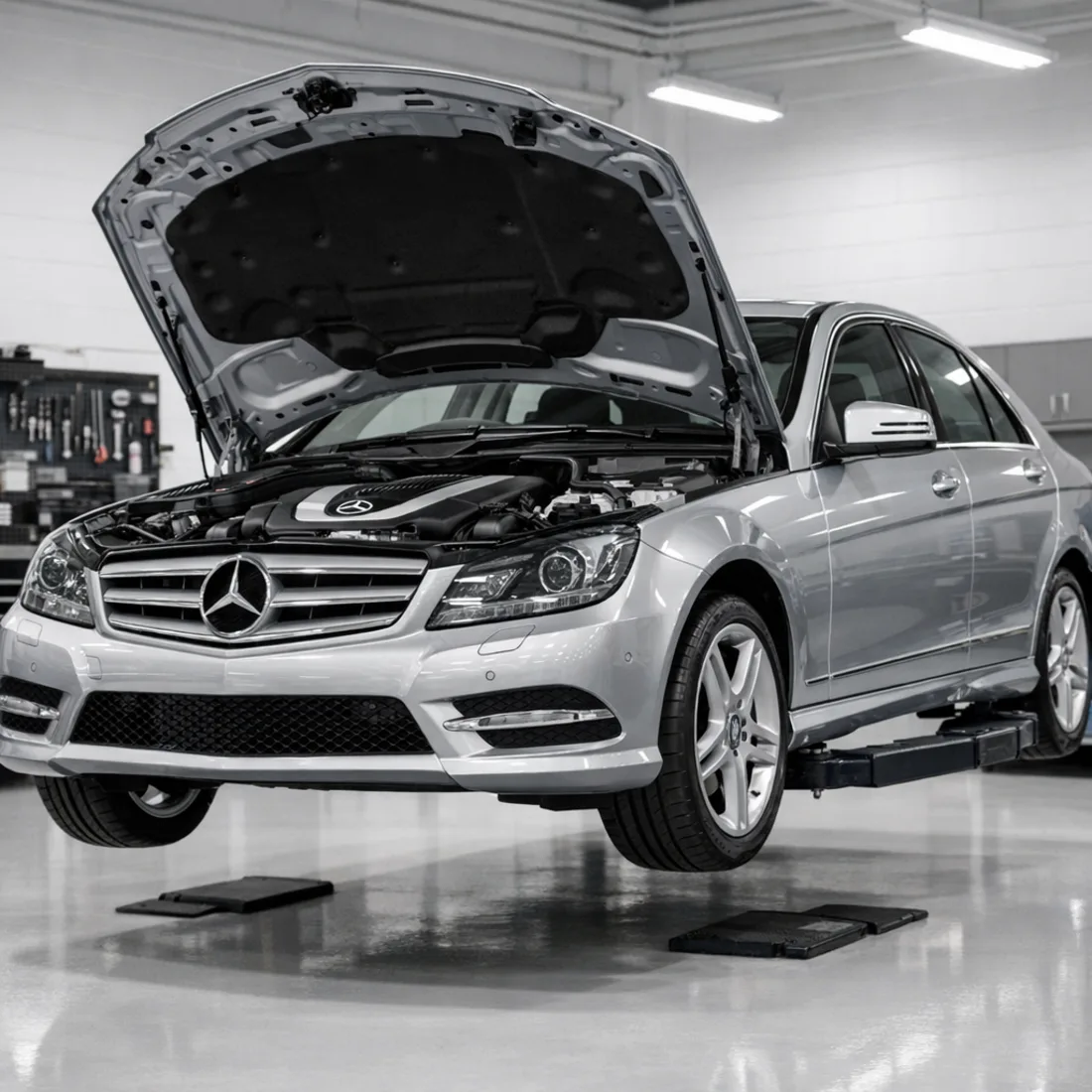 C 350 CGI W204 on the hoist for a full service inspection