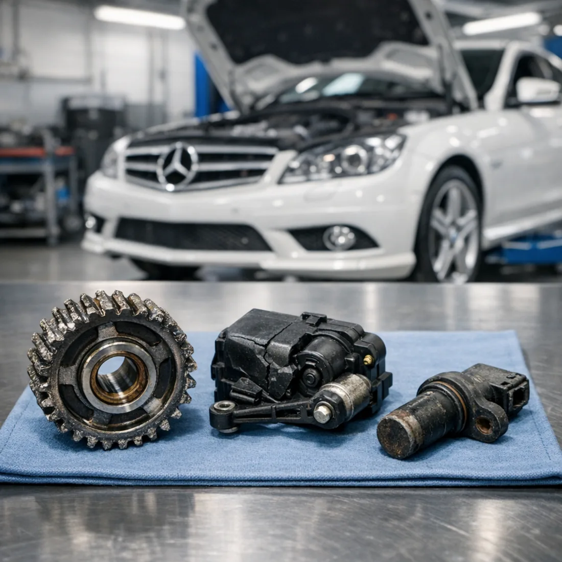 M272 wear parts from a C 350 CGI, including balance shaft and swirl flap components