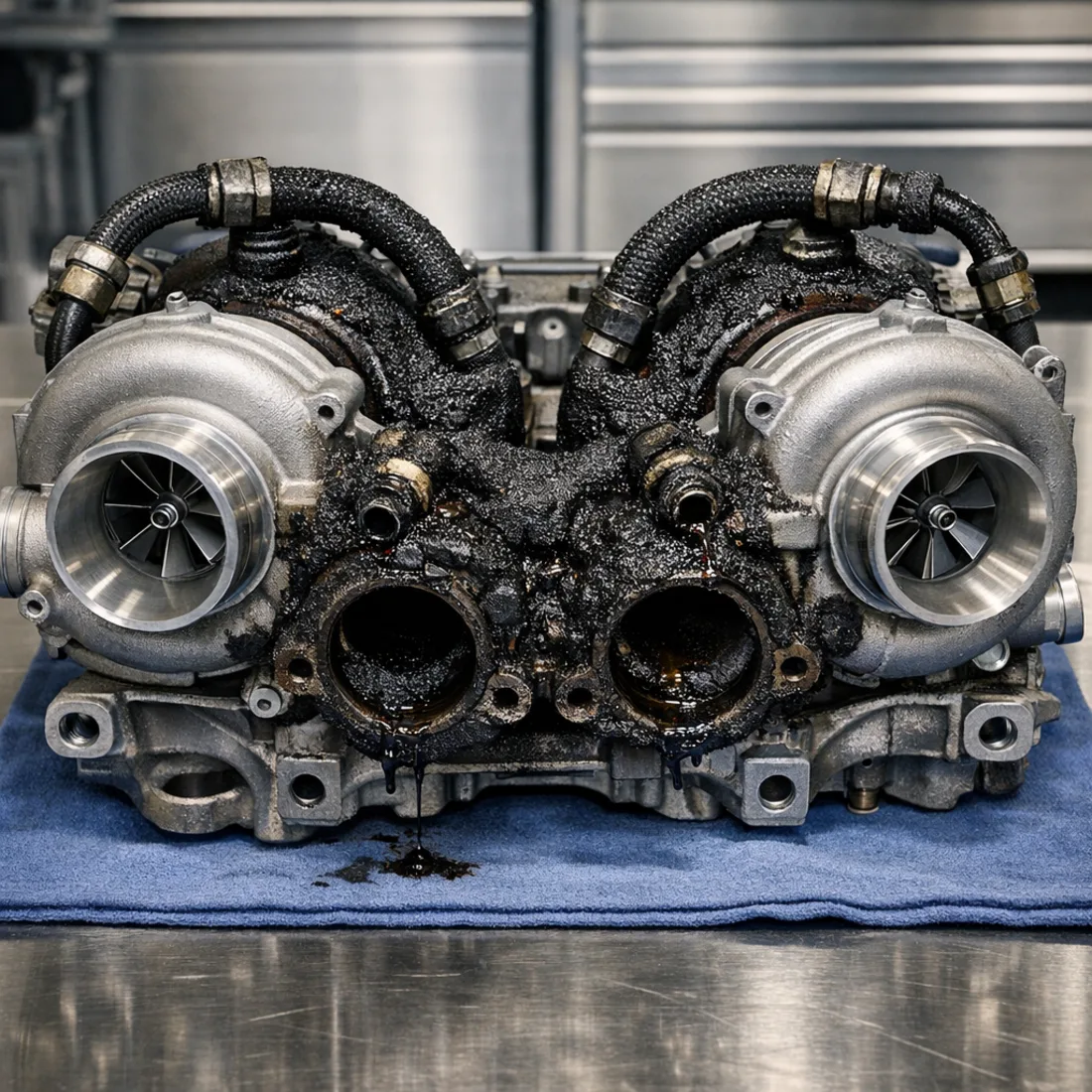 M177 hot-V turbo area on the C 63 AMG S, where oil seepage from neglected servicing concentrates