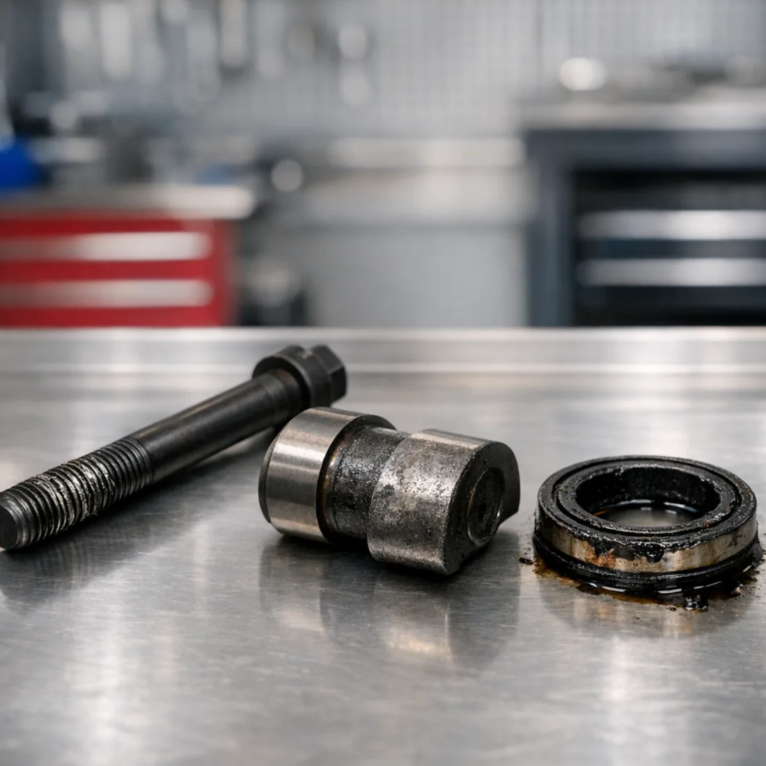 M156 worn head bolt, cam lobe and adjuster seal, the three fault points we check first on C 63 AMG