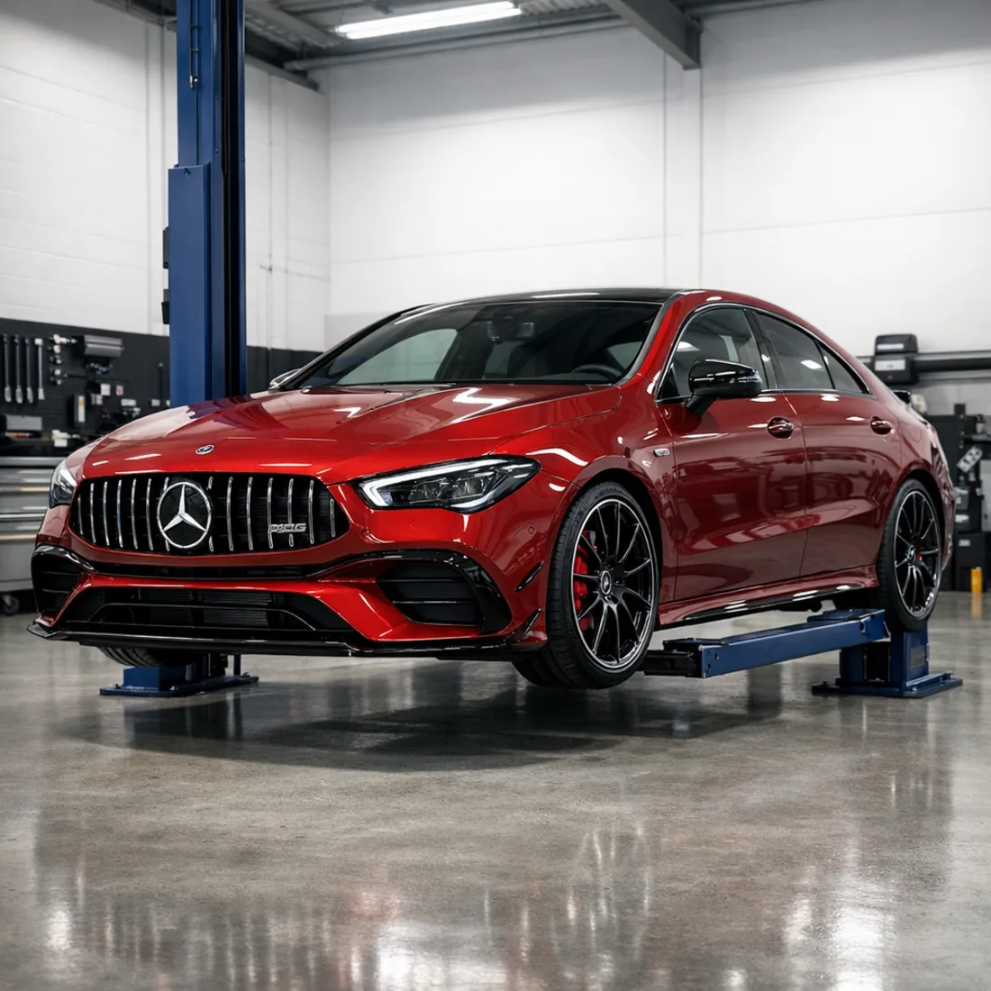CLA 45 AMG S on the hoist for inspection, C118