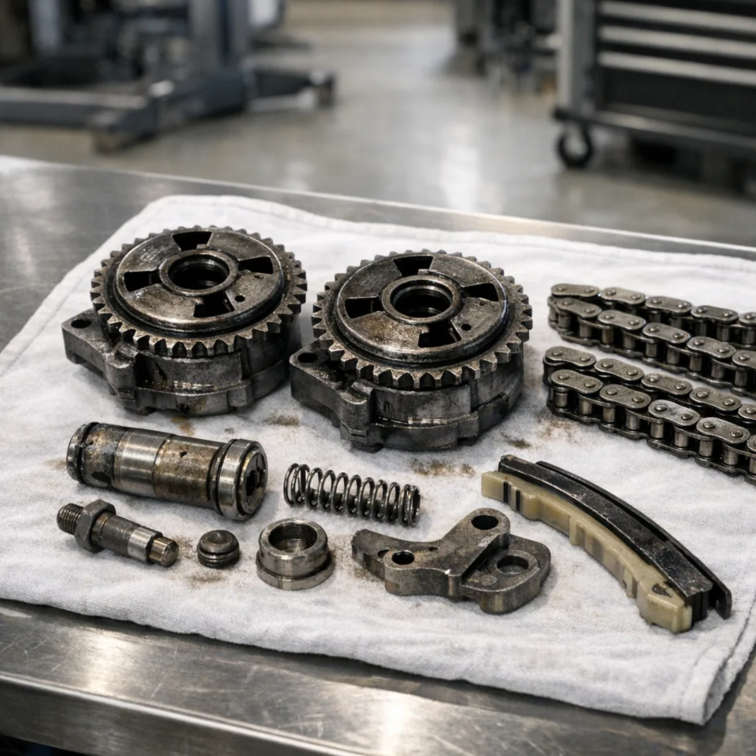 E 63 AMG: M157 camshaft adjuster and timing chain hardware awaiting replacement