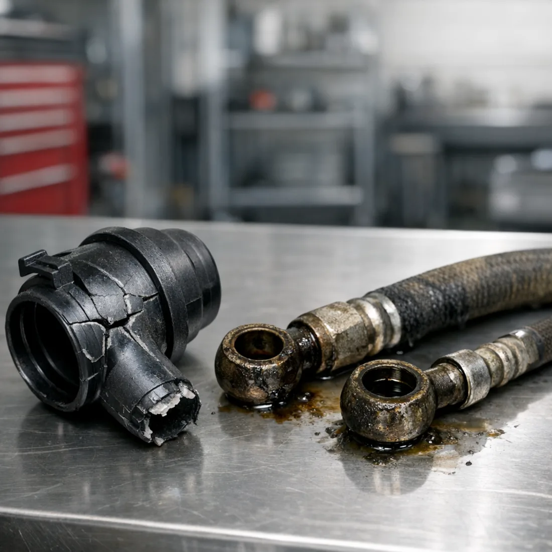 G 63 AMG: failed plastic coolant and charge-air fittings, a common find on high mileage M177 engines