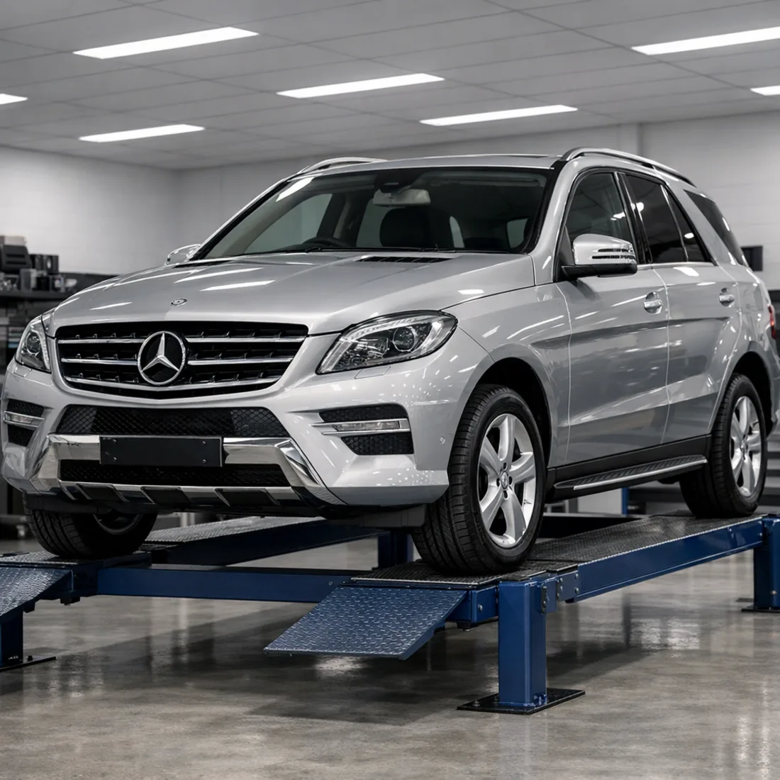 W166 ML 350 CDI on the hoist for routine service