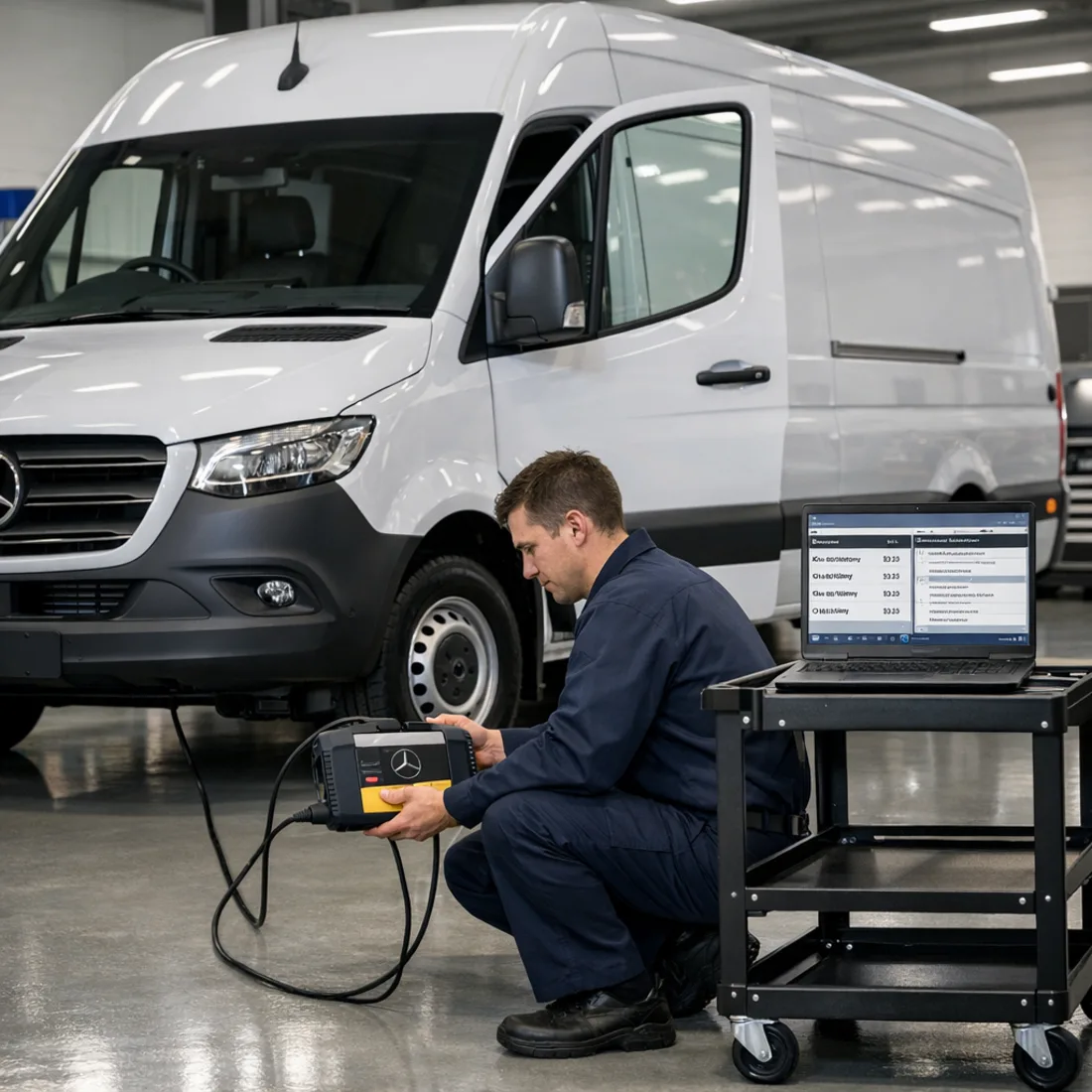 Sprinter W907: factory XENTRY diagnostics running in our Penrose workshop
