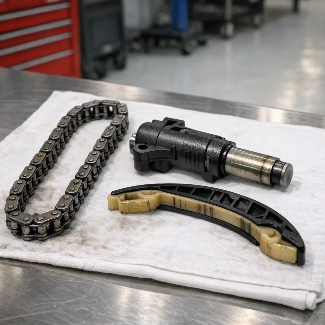Vito 116 CDI: worn OM651 timing chain and tensioner, one of the most common jobs we do
