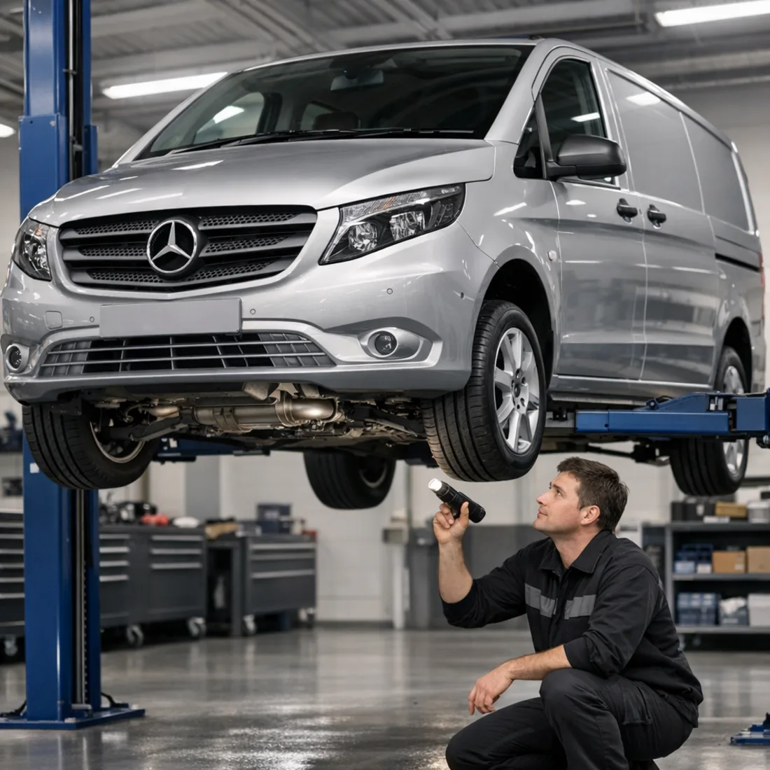 W447 platform on the hoist: the V-Class shares its service needs with the Vito