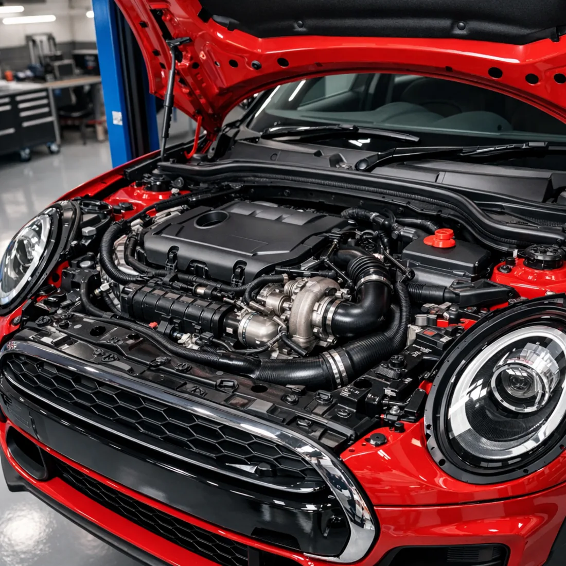 Mini Clubman JCW B48B20B engine bay during workshop inspection