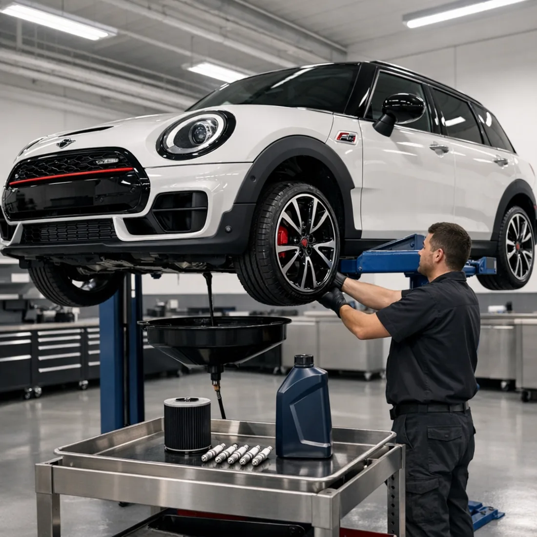 Mini Clubman JCW F54 on the hoist for routine servicing in our Penrose workshop