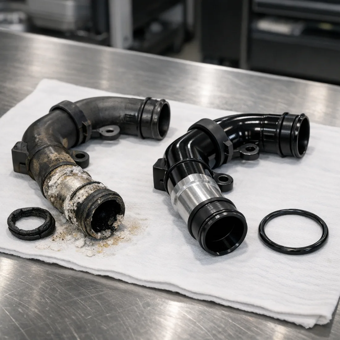 Cayenne E3 GTS 4.0T 460hp: coolant pipe and seal weeping, a known fault on the hot vee V8