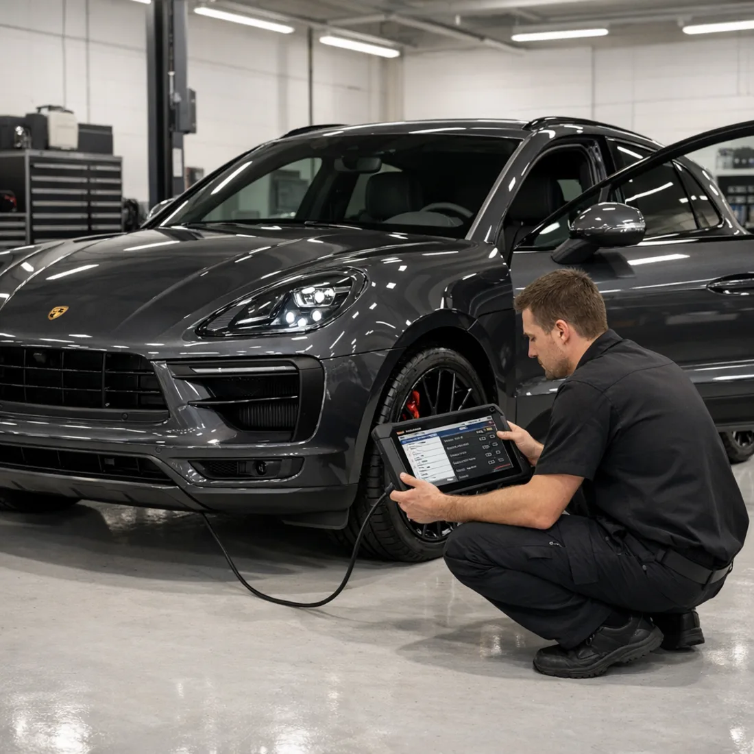 PIWIS Tester 3 connected to the Macan 2.9 GTS for full system diagnostics