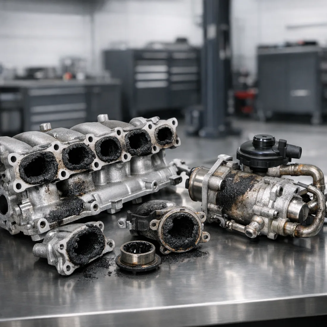 Heavy carbon fouling on the EGR and intake, typical of short trip Macan S Diesels