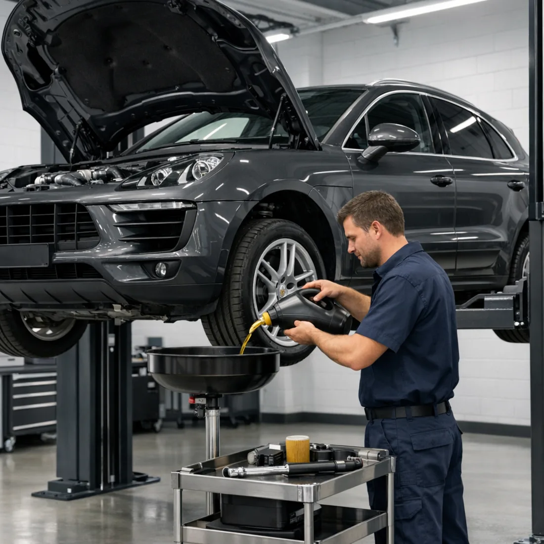 Macan S Diesel up on the hoist for a full inspection and service