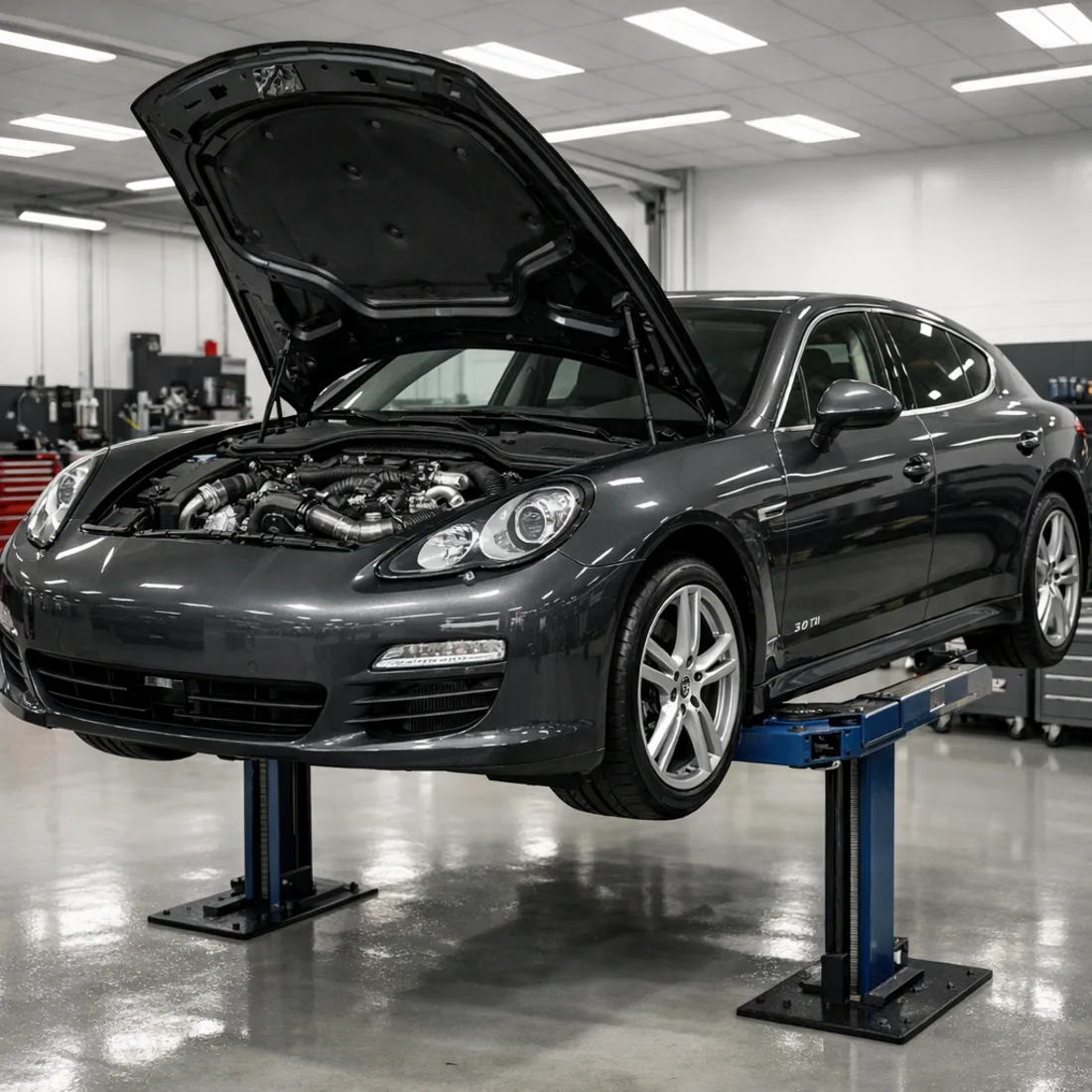 970 Panamera engine bay open for a scheduled service, proper access makes the difference on these cars