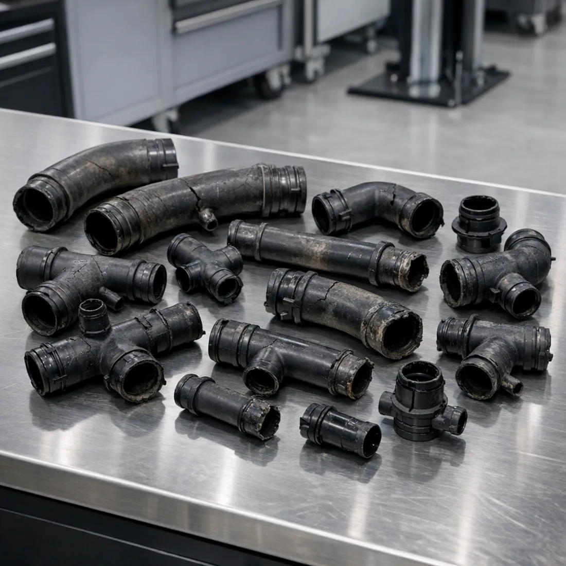 Degraded plastic coolant pipes from a 971 GTS 4.0T V8, a known failure point on the hot vee layout