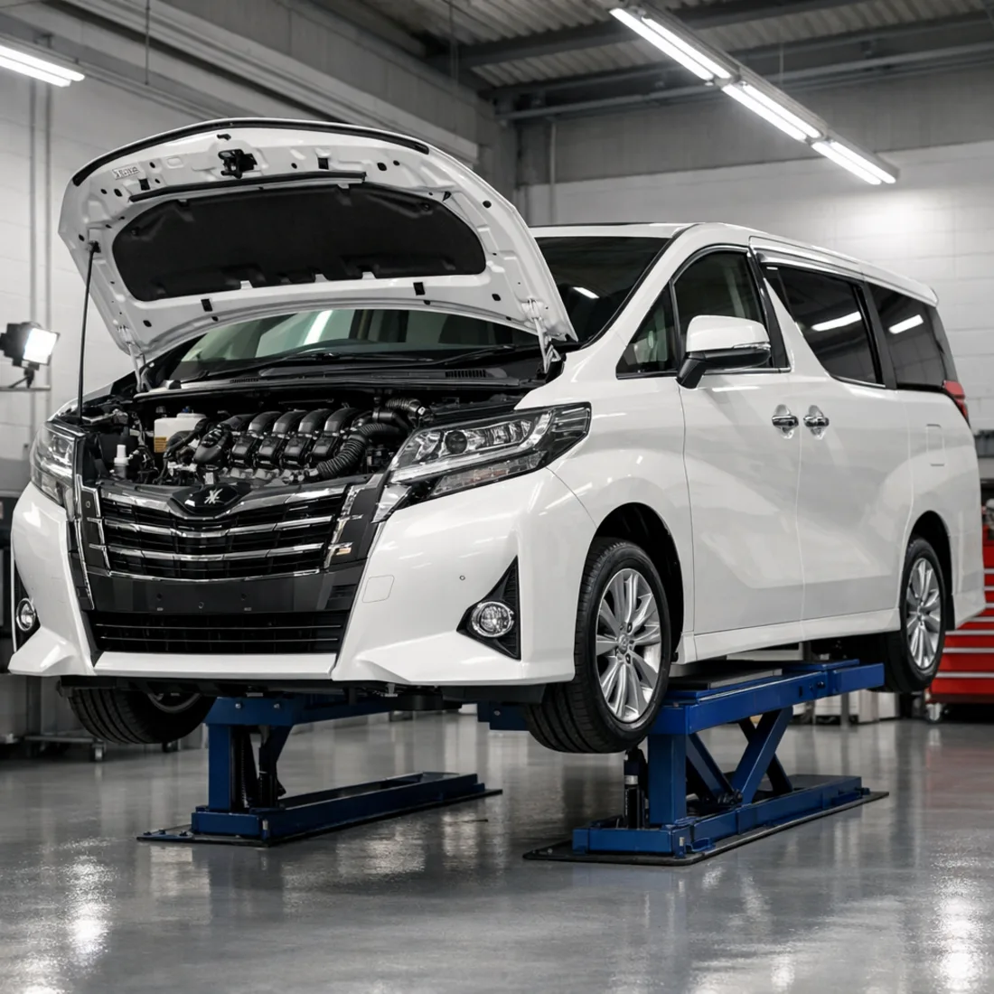 Toyota Alphard 2GR-FE V6 engine bay on the hoist at our Penrose workshop.