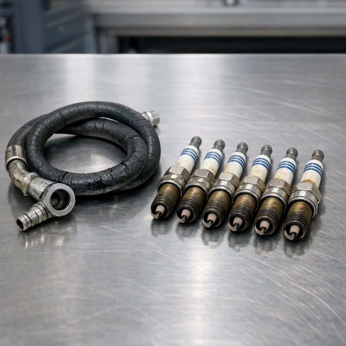 VVT-i oil supply hose and iridium spark plugs on the workshop bench, showing rubber degradation and electrode wear.