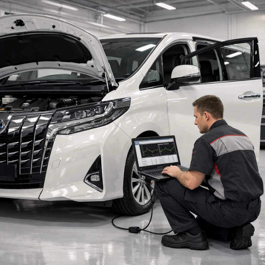 Toyota Techstream running live 2GR-FE VVT-i camshaft data on an Alphard at our Penrose workshop.