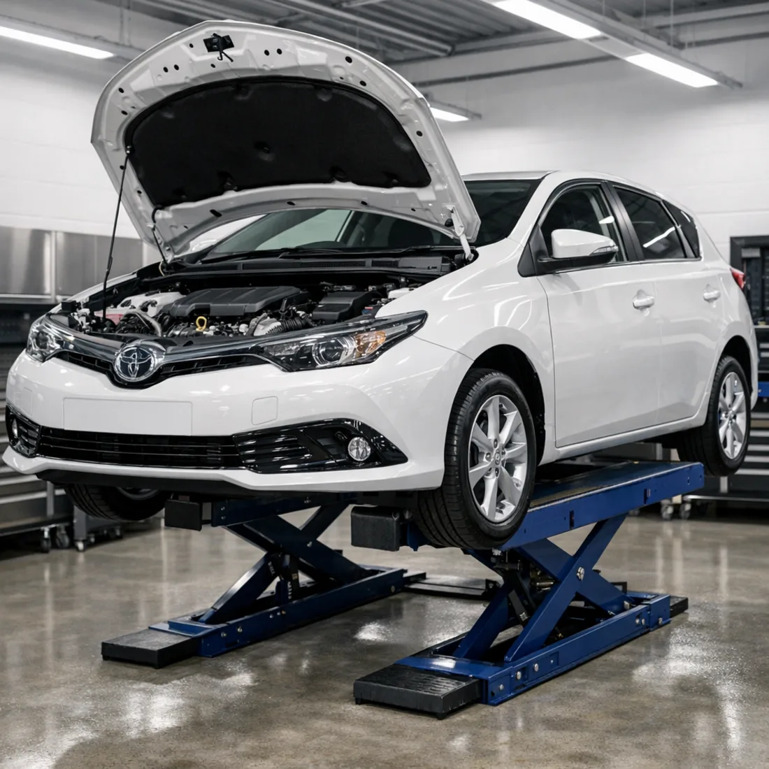 Toyota Auris 1.2T on the hoist at our Penrose workshop, bonnet open showing the 8NR-FTS engine bay.