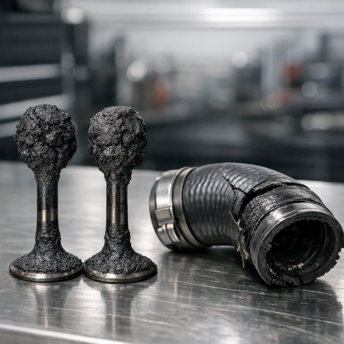 Carbon build-up on 8NR-FTS intake valves, a common finding on direct injection Auris models.
