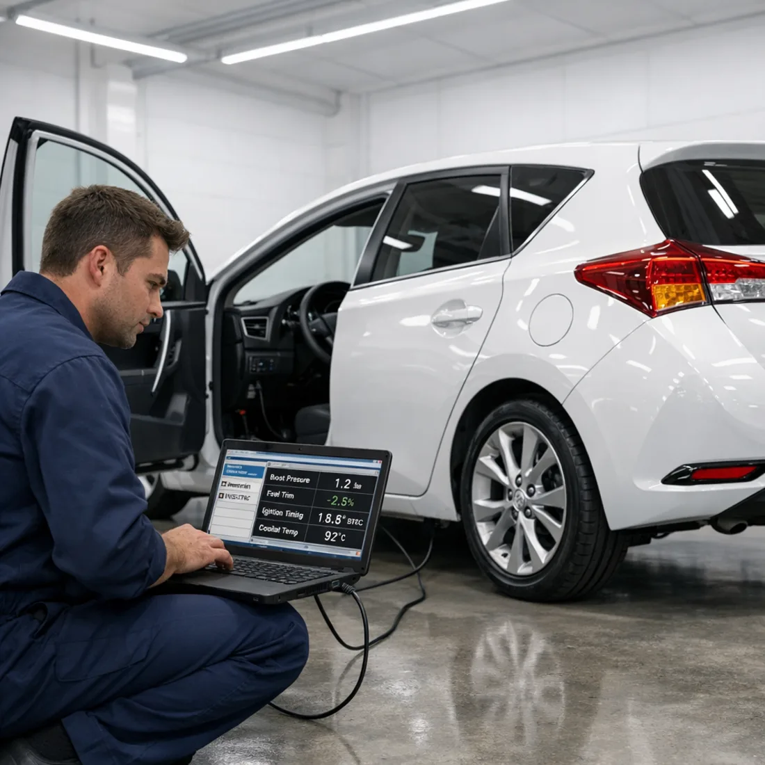 Technician running Toyota Techstream diagnostics on an Auris 1.2T at our Penrose workshop.