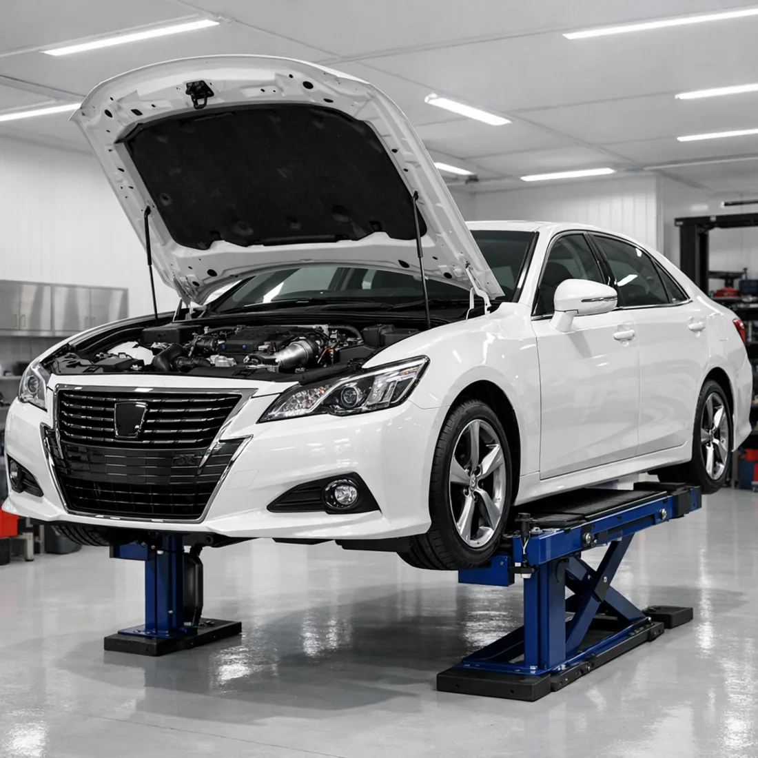 Toyota Crown 2.0T 8AR-FTE on the workshop hoist in Penrose, Auckland.