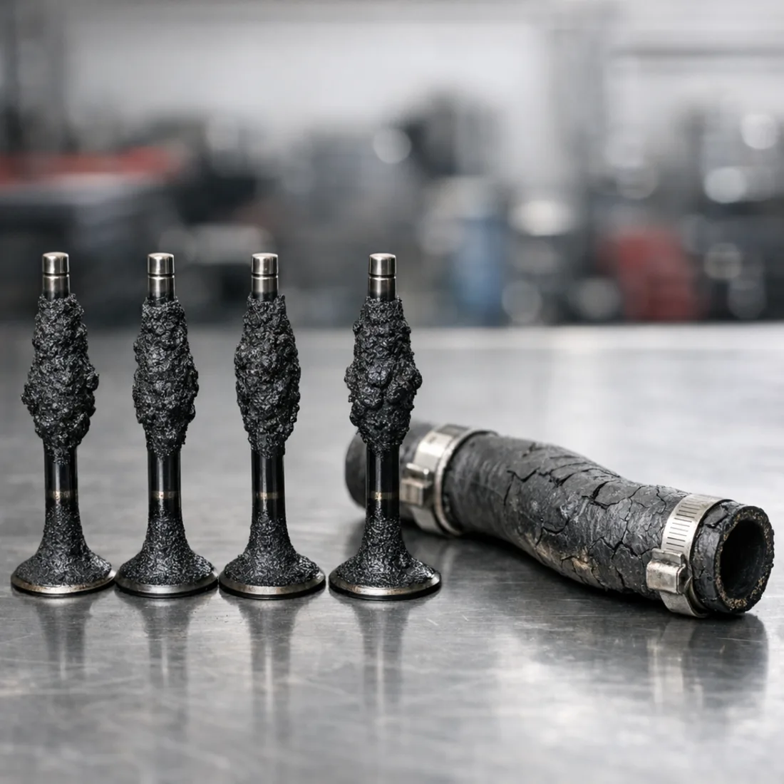 Carbon build-up on 8AR-FTE intake valves and a worn turbo coolant hose, typical findings on higher mileage Crowns.