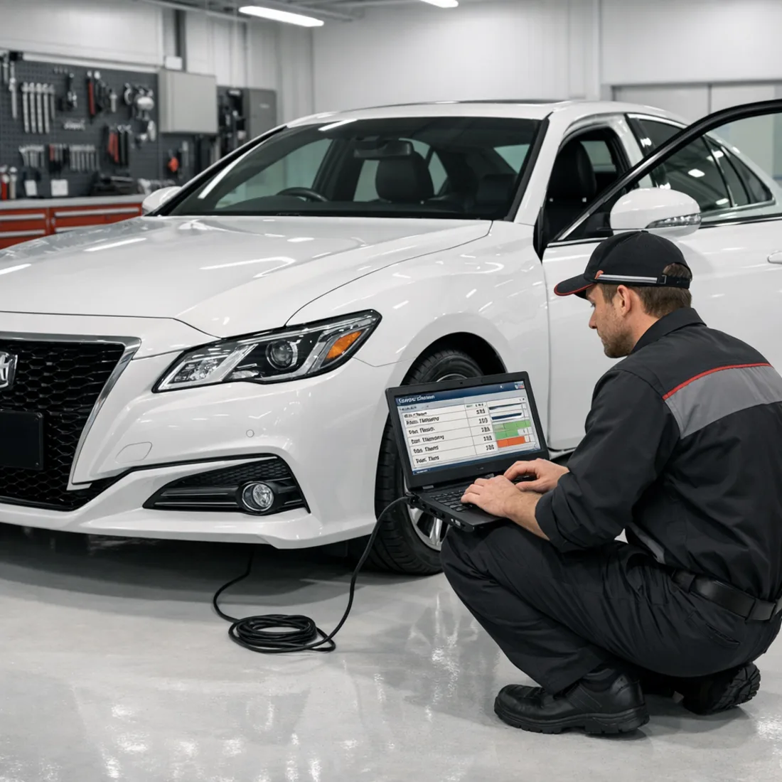 Technician running Toyota Techstream on a Crown in our Penrose workshop, showing live engine data and sensor parameters.