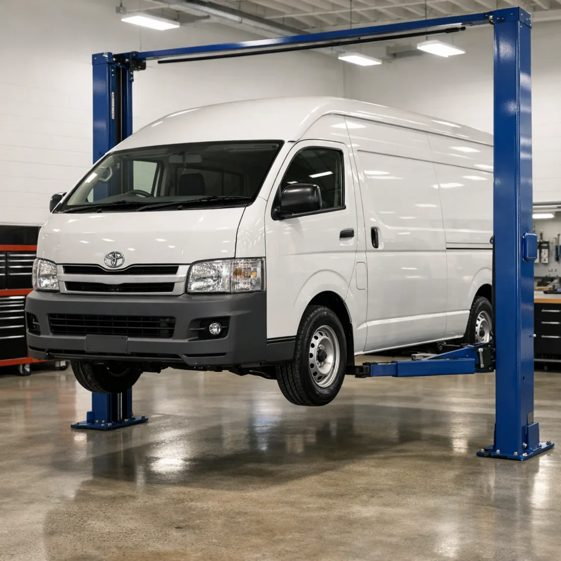 Hiace 2.5 D-4D on the hoist at our Penrose workshop, typical of the full schedule service work we carry out across all three generations